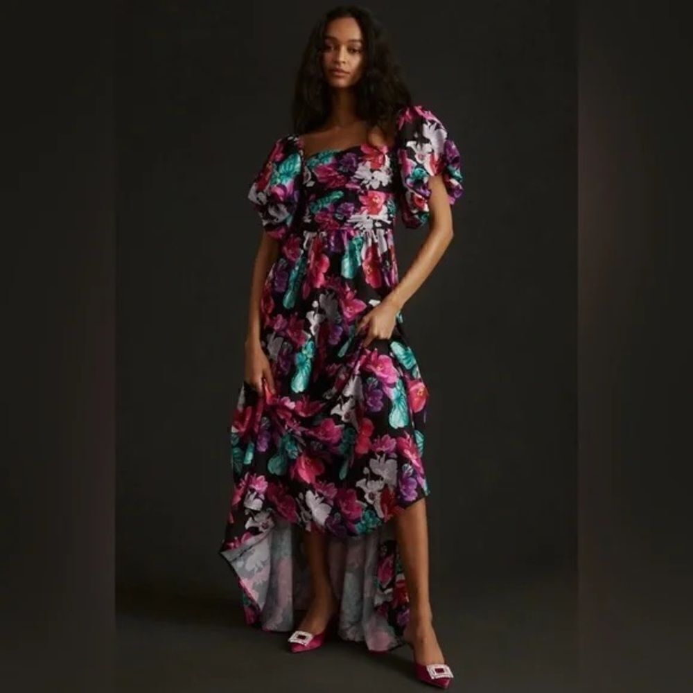 Delfi Puff-Sleeve Floral Printed Maxi Dress